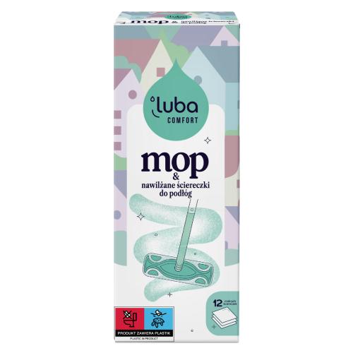 Miniaturka artykułu - Luba Comfort Floor Mop + Nawilżane ścierki do podł&oacute;g uniwersalne, 12 szt.