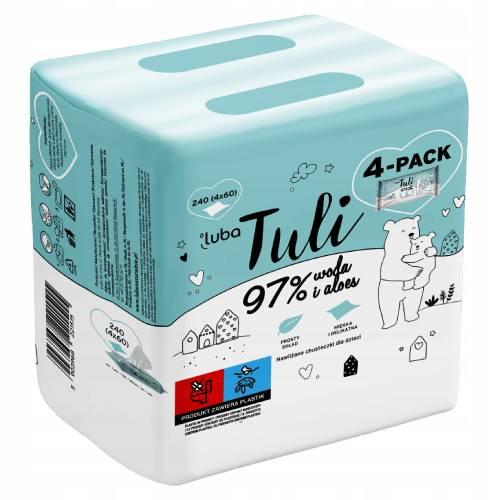 Miniaturka artykułu - Luba Tuli Chusteczki nawilżane dla dzieci i niemowląt 97% woda i aloes, 4x 60 szt.