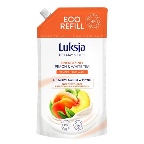 Miniaturka artykułu - LUKSJA Creamy & Soft Kremowe mydło w płynie energetyzujące Brzoskwinia i biała herbata, opakowanie uzupełniające, 900ml