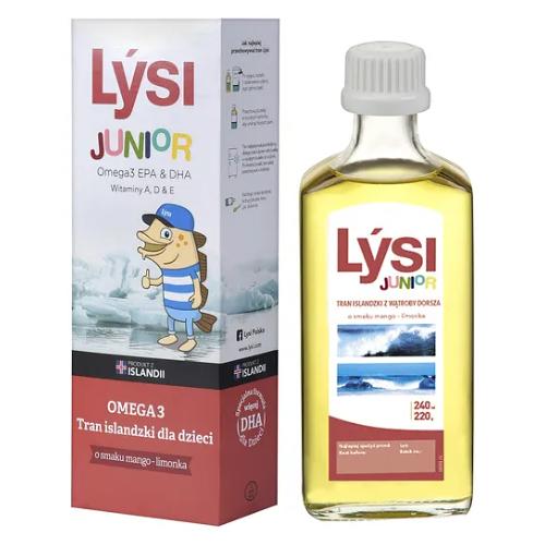 Miniaturka artykułu - Lysi Junior Tran islandzki dla dzieci mango-limonka, 240 ml