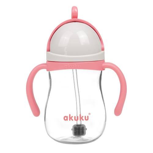 Zdjęcie produktu - AKUKU Bidon ze słomką z odważnikiem 9m+ r&oacute;żowy A0676, 280 ml