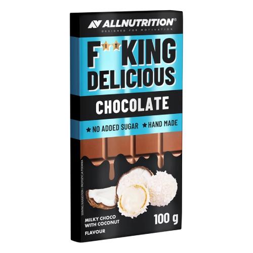 Zdjęcie produktu - ALLNUTRITION Fitking Delicious Chocolate Mleczna czekolada kokosowa, 100g KR&Oacute;TKA DATA 01.09.2026