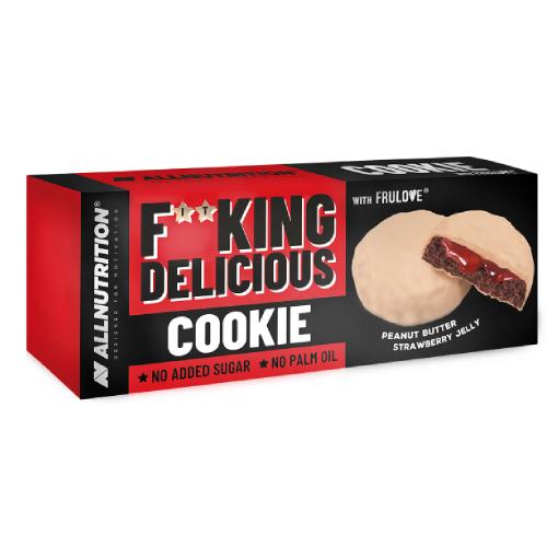 Zdjęcie produktu - ALLNUTRITION FitKing Delicious Ciastka kakaowe z nadzieniem truskawkowym w polewie arachidowej, 128g