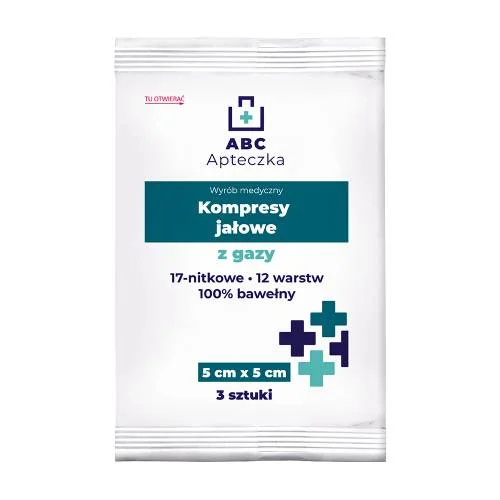 Zdjęcie produktu - Apteczka ABC Kompresy jałowe z gazy 17 nitkowe 12 warstwowe 5 x 5 cm, 3 szt.