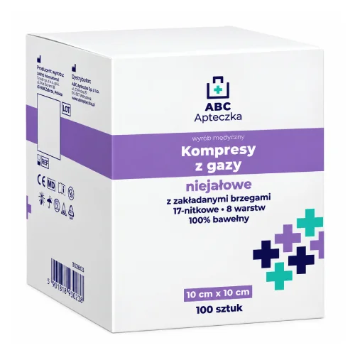 Zdjęcie produktu - Apteczka ABC Kompresy niejałowe z gazy 17 nitkowe 8 warstwowe 10 x 10 cm, 100 szt.