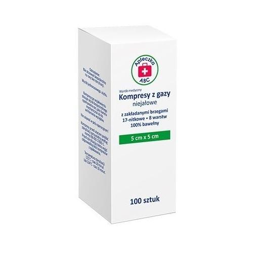 Zdjęcie produktu - Apteczka ABC Kompresy z gazy niejałowe z zakładanymi brzegami 17N 8W 5cm x 5 cm, 100 szt.