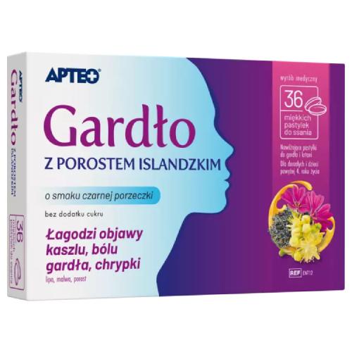 Zdjęcie produktu - Apteo Gardło z porostem islandzkim o smaku czarnej porzeczki, 36 past. do ssania