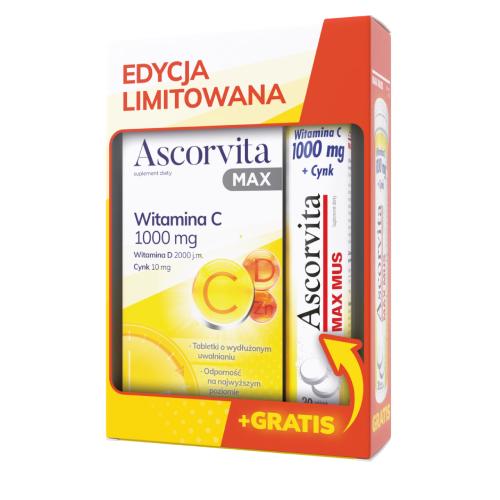 Zdjęcie produktu - Ascorvita Max Zestaw witamina C 1000mg, 30tabl. + Ascorvita Max Mus, 20tabl.