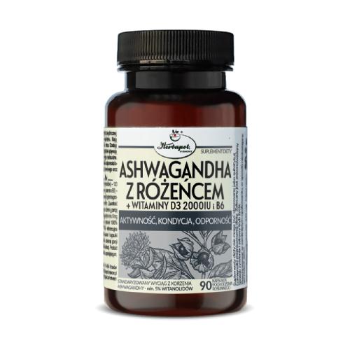 Zdjęcie produktu - Ashwagandha z r&oacute;żeńcem + witaminy D3 2000 IU i B6, 90 kaps.