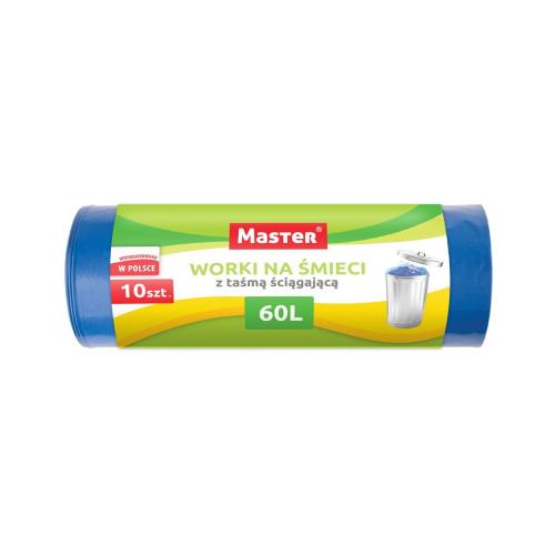 Miniaturka artykułu - MASTER Worki na śmieci z taśmą ściągającą 60l - niebieskie, 10szt.
