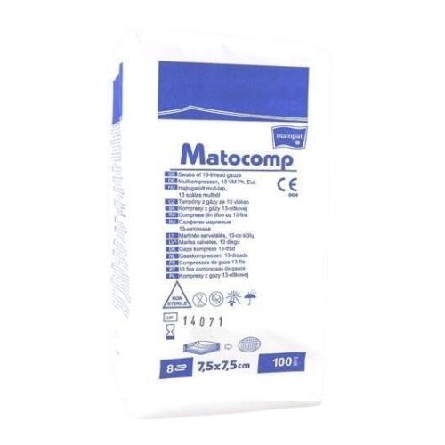 Miniaturka artykułu - MATOCOMP Kompresy gazowe niejałowe 7,5x7,5cm 13-nitkowe, 8-warstwowe, 100 sztuk