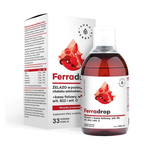 Zdjęcie produktu - Aura Herbals Ferradrop Żelazo + Kwas foliowy, wit. B6, wit. B12 i wit. C, 500 ml  