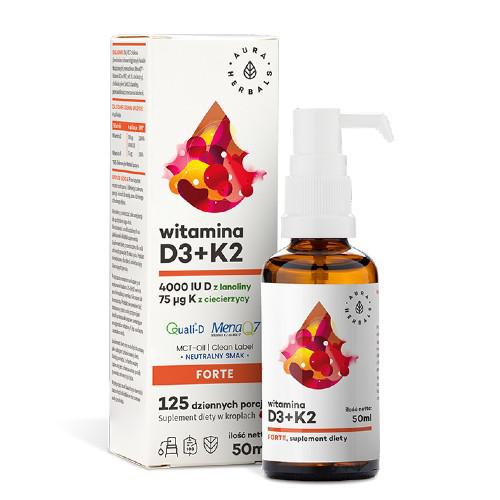 Zdjęcie produktu - AURA HERBALS Witamina D3 4000+ K2 krople, 50ml
