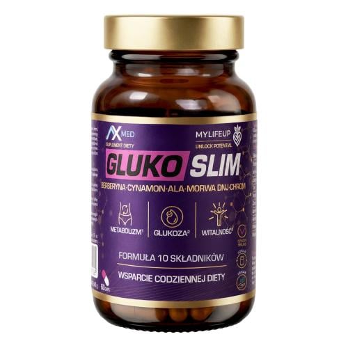 Zdjęcie produktu - AX MED Gluko Slim, 60 kaps. - suplement diety z berberyną, morwą, ALA i chromem