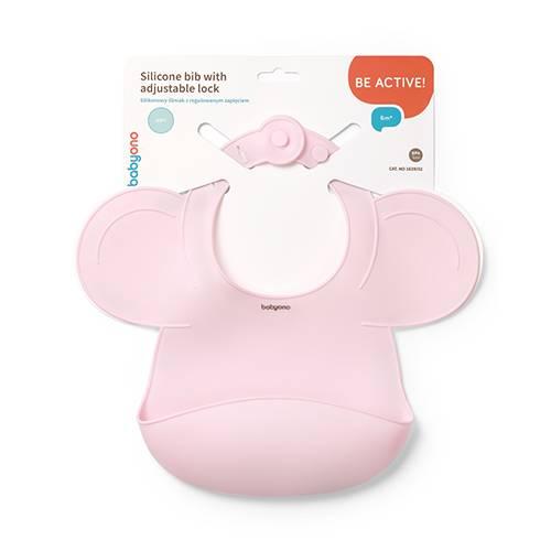 Zdjęcie produktu - BabyOno silikonowy śliniak z regulowanym zapięciem R&oacute;żowy 1639/02