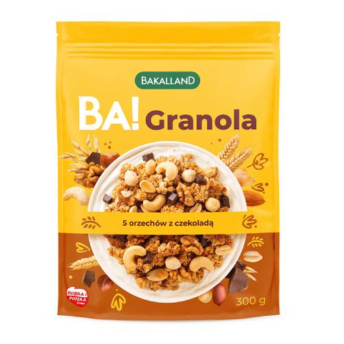 Zdjęcie produktu - BAKALLAND BA! Granola 5 orzech&oacute;w z czekoladą, 300g