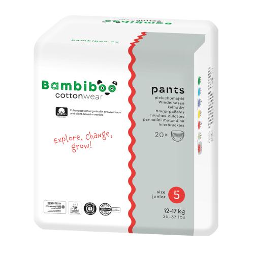 Zdjęcie produktu - Bambiboo Cottonwear Jednorazowe pieluchomajtki z bawełną organiczną, rozmiar 5 Junior (12-17kg), 20 szt. USZKODZONE PAPIEROWE OPAKOWANIE