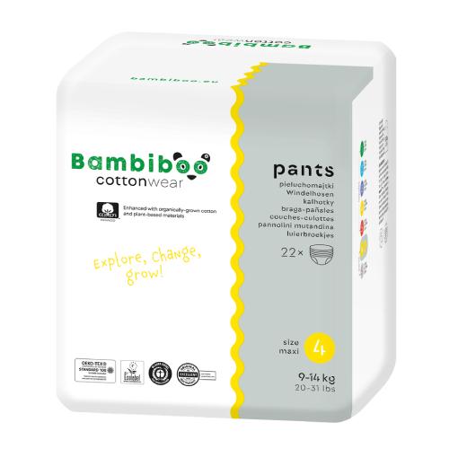 Zdjęcie produktu - Bambiboo Cottonwear Jednorazowe pieluchomajtki z bawełną organiczną, rozmiar 4 Maxi (9-14kg), 22 szt. USZKODZONE OPAKOWANIE PAPIEROWE