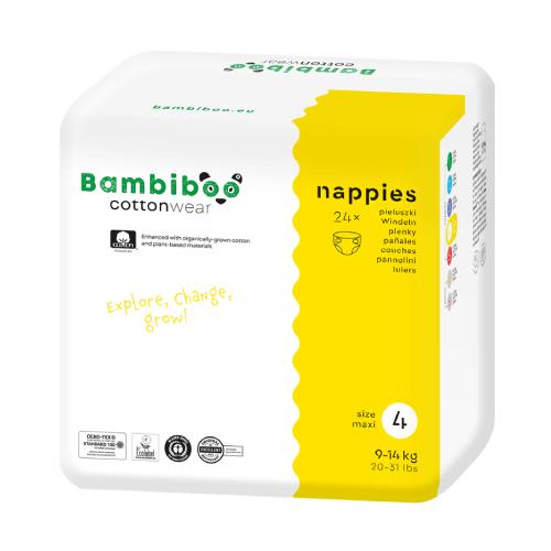 Zdjęcie produktu - Bambiboo Cottonwear Jednorazowe pieluszki z bawełną organiczną, rozmiar 4 Maxi (9-14kg), 24 szt.
