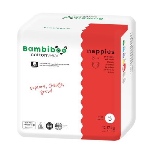 Zdjęcie produktu - Bambiboo Cottonwear Jednorazowe pieluszki z bawełną organiczną, rozmiar 5 Junior (12-17kg), 24 szt.