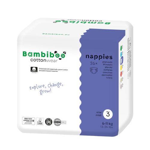 Zdjęcie produktu - Bambiboo Cottonwear Jednorazowe pieluszki z bawełną organiczną, rozmiar 3 Midi (6-11kg), 26 szt.