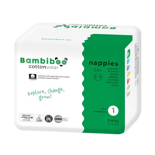 Zdjęcie produktu - Bambiboo Cottonwear Jednorazowe pieluszki z bawełną organiczną, rozmiar 1 Newborn (2-4kg), 28 szt.