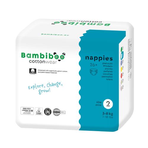 Zdjęcie produktu - Bambiboo Cottonwear Jednorazowe pieluszki z bawełną organiczną, rozmiar 2 Mini (3-8kg), 26 szt.