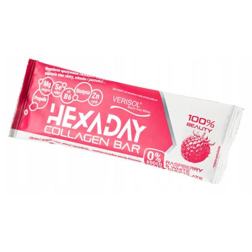 Zdjęcie produktu - Łysoń Hexaday Baton kolagenowy o smaku malinowym z biotyną i propolisem w białej czekoladzie bez dodatku cukru, 40 g