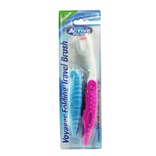 Zdjęcie produktu - BEAUTY FORMULAS Active Oral Care Składana podr&oacute;żna szczoteczka do zęb&oacute;w Medium (fioletowa/niebieska), 2szt.