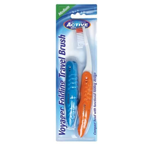 Zdjęcie produktu - BEAUTY FORMULAS Active Oral Care Składana podr&oacute;żna szczoteczka do zęb&oacute;w Medium (pomarańczowa/niebieska), 2szt.