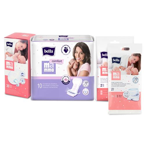 Bella Mama - Zestaw wyprawka basic: Wkładki laktacyjne, 30szt. + Podkłady poporodowe, 10szt. + Wielorazowe majtki poporodowe M/L, 2 sztuki + BELLA MAMMA Wielorazowe majtki poporodowe XL, 2 sztuki