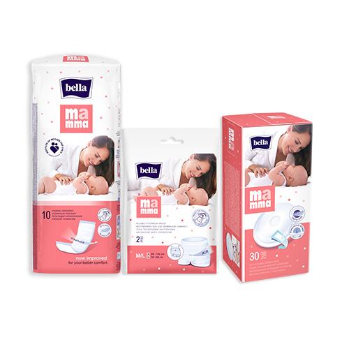 Bella Mama - Zestaw wyprawka basic: BELLA MAMMA podkłady higieniczne, 10 sztuk + Wkładki laktacyjne  z przylepcem, 30szt. + Wielorazowe majtki poporodowe M/L, 2 sztuki