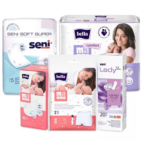 Bella Mama - Zestaw wyprawka plus: Wkładki laktacyjne, 30szt. + Podkłady poporodowe, 10szt. + Wielorazowe majtki poporodowe M/L, 2 sztuki + SENI SOFT PODKŁADY 60x90cm - Podkłady, 5szt. + BELLA MAMMA COMFORT Wkładki laktacyjne z przylepcem, 30 sztuk