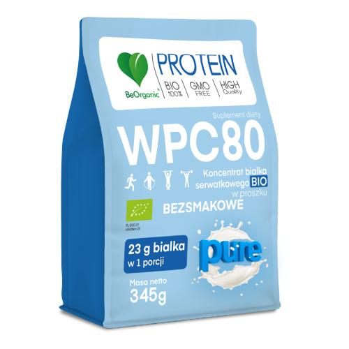 Zdjęcie produktu - BeOrganic WPC 80 Koncentrat białka serwatkowego BIO w proszku PURE Bezsmakowe, 345 g