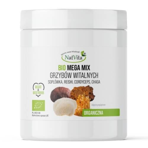 Zdjęcie produktu - NatVita Bio Mega Mix Grzyb&oacute;w witalnych (Sopl&oacute;wka, Reishi, Cordyceps, Chaga), 250 g