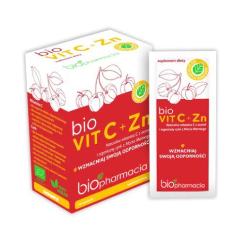 Zdjęcie produktu - BIOPHARMACIA Bio VIT C + Zn Naturalna Witamina C i Organiczny cynk, 14sasz. KR&Oacute;TKA DATA 15.08.2026