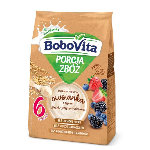 Zdjęcie produktu - BoboVita Porcja zb&oacute;ż Delikatna mleczna owsianka z ryżem jagoda-jeżyna-truskawka po 6 miesiącu, 210 g