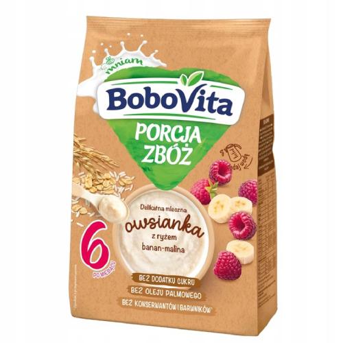 Zdjęcie produktu - BoboVita Porcja zb&oacute;ż Delikatna mleczna owsianka z ryżem malina-banan po 6 miesiącu, 210 g