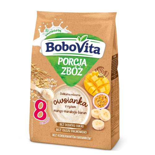 Zdjęcie produktu - BoboVita Porcja zb&oacute;ż Delikatna mleczna owsianka z ryżem mango-marakuja-banan po 8 miesiącu, 210 g