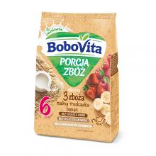 Zdjęcie produktu - BoboVita Porcja zb&oacute;ż Kaszka mleczna 3 zboża malina-truskawka-banan po 6 miesiącu, 210 g