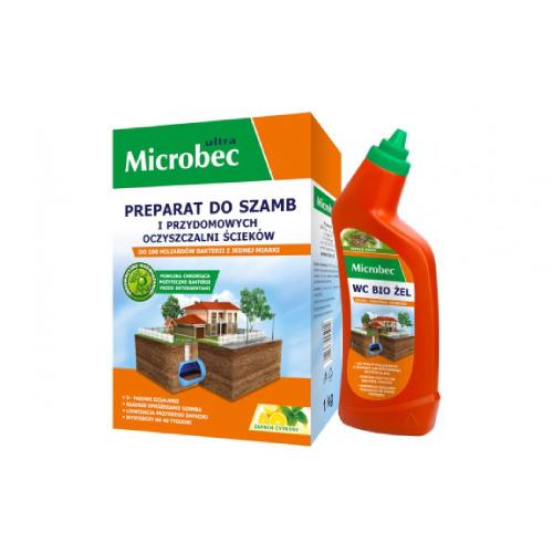 Zdjęcie produktu - BROS Microbec Ultra Preparat do szamb i oczyszczalni ściek&oacute;w Cytrynowy, 1kg + WC Bio Żel do oczyszczania sanitariat&oacute;w, 500ml