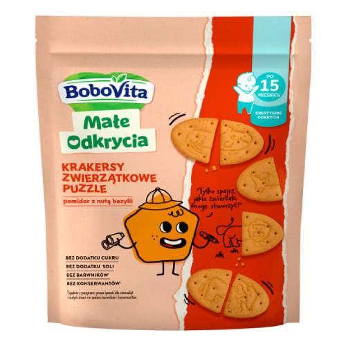 Zdjęcie produktu - BoboVita Małe Odkrycia Krakersy pszenno-orkiszowe z pomidorem i nutą bazylii dla dzieci 15m+, 105 g