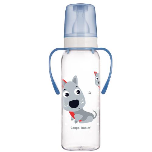 Zdjęcie produktu - CANPOL BABIES Cute Animals Butelka wąska z uchwytem niebieski pies, 250ml 11/845 12m+