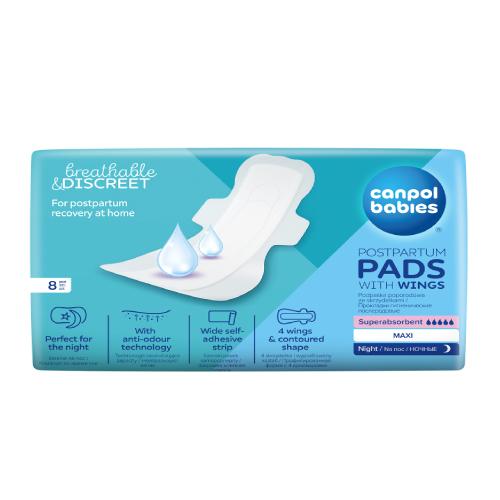 Zdjęcie produktu - CANPOL BABIES  Podpaski poporodowe ze skrzydełkami Normal NIGHT 78/008, 8 sztuk 