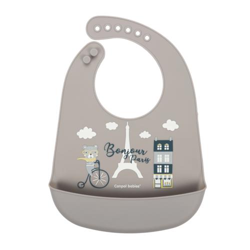 Zdjęcie produktu - CANPOL BABIES Śliniak silikonowy z kieszenią "Bonjour Paris" beż 74/027