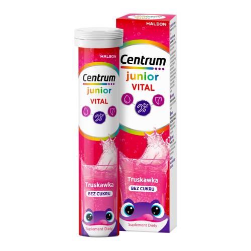 Zdjęcie produktu - Centrum Vital Junior dla dzieci 4+ smak truskawkowy bez cukru, 20 tabl. musujących