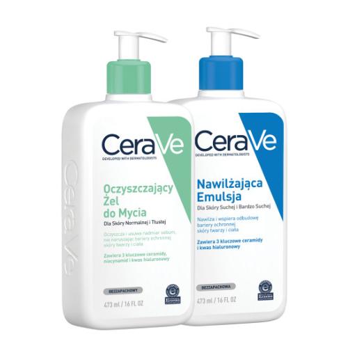 Zdjęcie produktu - CERAVE Zestaw dla sk&oacute;ry normalnej i suchej: Oczyszczający żel do mycia, 473ml + Nawilżająca Emulsja, 473ml