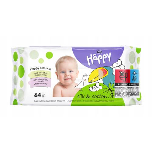 Zdjęcie produktu - HAPPY Silk&Cotton Chusteczki nawilżane dla dzieci, 64szt.