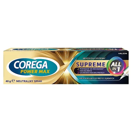 Zdjęcie produktu - Corega Power Max Supreme Allin1 Krem mocujący do protez zębowych neutralny smak, 40 g