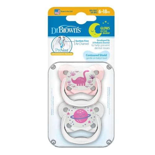 Zdjęcie produktu - Dr Brown's Smoczek ortodontyczny Prevent 6-18m świecący w ciemności r&oacute;żowy/przezroczysty 2szt.